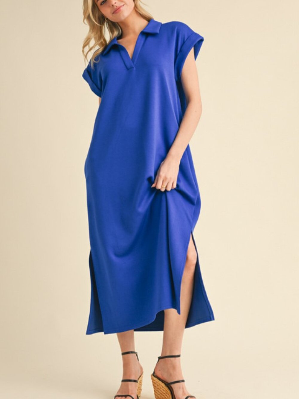 NWT JODIFL Royal Blue Collared Midi Dress with Pockets and Side Slit